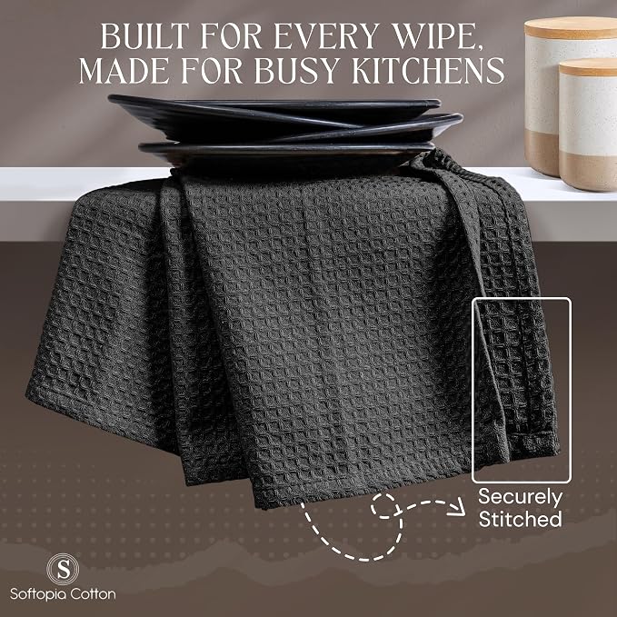 Black Waffle Kitchen Dish Towels 100% Cotton, Soft, Absorbent, Quick Drying, Multipurpose Use, Bar & Tea Towels, 16x26 Inches, Durable, Machine Washable, Reusable, Set of 12