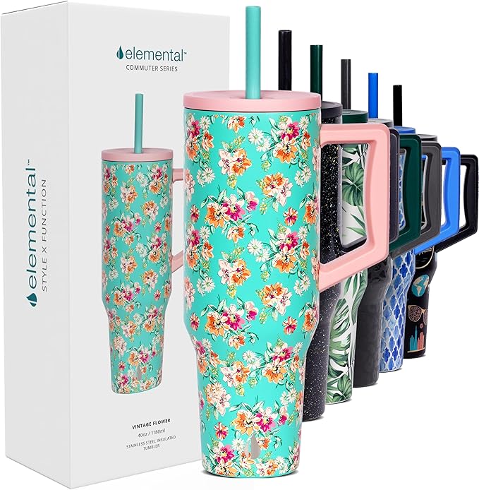 Elemental 40 oz Tumbler with Handle and Straw - Spill Proof Insulated Stainless Steel Commuter for Cold Beverages - Travel Coffee Mug with 2 Straws & Spill Proof Lid - 40oz - Vintage Flower
