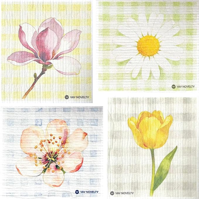 Swedish Dishcloths - 12 Pack | Made in Germany | Ultra-Absorbent, Reusable Cellulose Sponge Cloths for Kitchen | No-Odor, Eco-Friendly Cleaning Wipes | Water-Based Ink | Gingham Floral