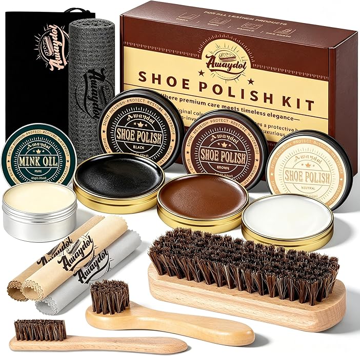 12 PCS Shoe Polish Kit - Horsehair Brushes, Black Brown Neutral Polish,Mink Oil Conditioner for Shoes,Polishing Cloth, Leather Boots Shine Care Kit ﻿Gift for Men Cowboy Husband Dad