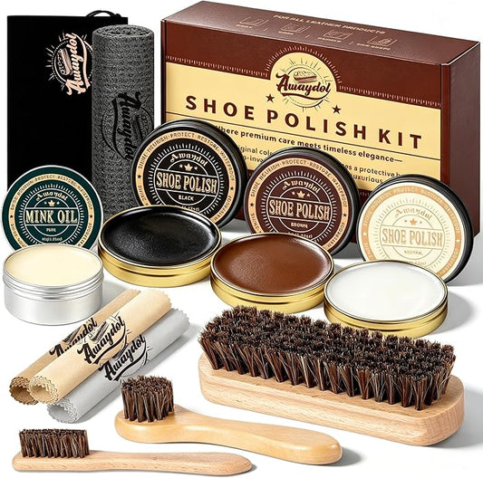 12 PCS Shoe Polish Kit - Horsehair Brushes, Black Brown Neutral Polish,Mink Oil Conditioner for Shoes,Polishing Cloth, Leather Boots Shine Care Kit ﻿Gift for Men Cowboy Husband Dad