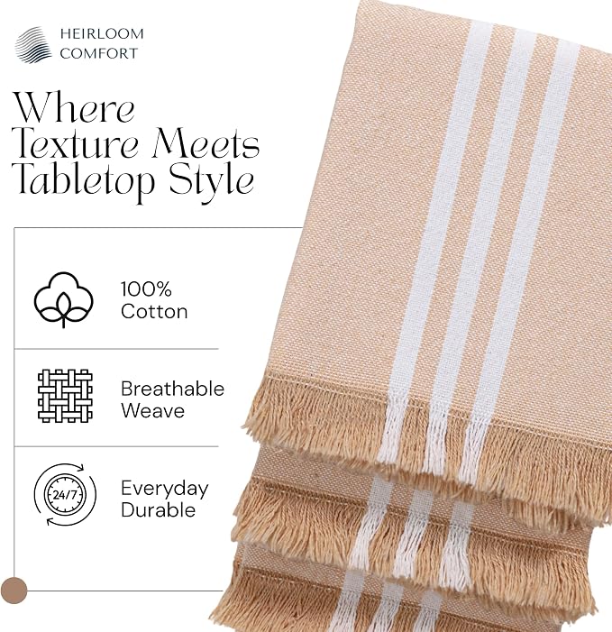 Monochrome Stripe Kitchen Towels 5 Pack, 16x26 Inch, 100% Cotton, Super Absorbent & Quick Dry, Durable, Fringed Dish Towel for Drying Dishes, Machine Washable, Everyday Use, Beige