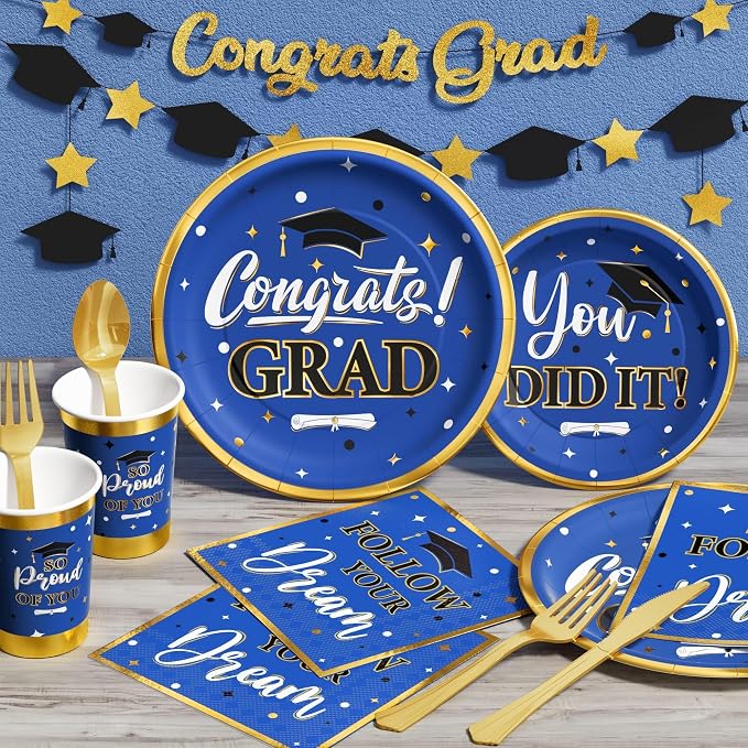 Graduation Decorations Class of 2026, 175PCS Graduation Party Supplies Disposable Dinnerware(Serve 25) with Paper Plates Cup Napkin Fork Knife Spoon College High School Grad Decor(Blue & Gold)