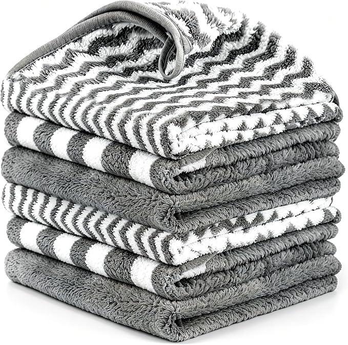 Microfiber Cleaning Cloth 6 Pack, Ultra Soft Super Absorbent Lint Free Dish Towels with Hanging Loop, 13.5x29 Inch Gray Reusable Kitchen Towels for Kitchen, Window, Car, Household