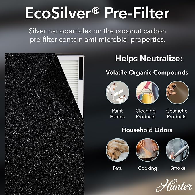 Hunter Air Purifiers for Home Large Room and Bedroom. True HEPA Air Purifier Tower for Pets, Odors, Allergens, Smoke, Dust, VOC's. Cleans 969 Ft² per Hour, 3 Fan Speeds, Sleep Timer. Black