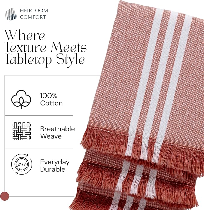 Monochrome Stripe Dish Towels 3 Pack, 16x26 Inch, 100% Cotton, Decorative Fringes, Ultra Absorbent & Reusable, Quick Drying Kitchen Towels for Cleaning, Drying, Easy Care, Rust