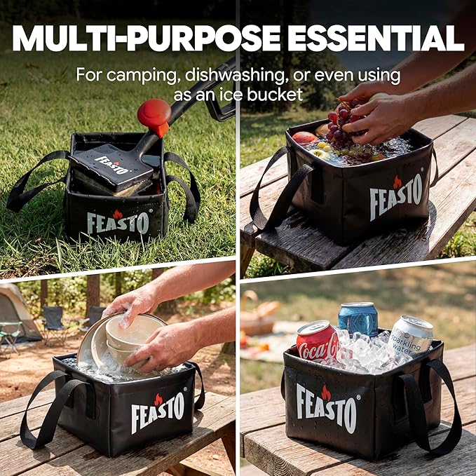 Feasto Collapsible Water Bucket for Grill Brush Cleaning & Soaking, Foldable Square Dunk Tank for Steam Grills, Multi-Use Indoor & Outdoor (Bucket Only, No Brush Included), Black