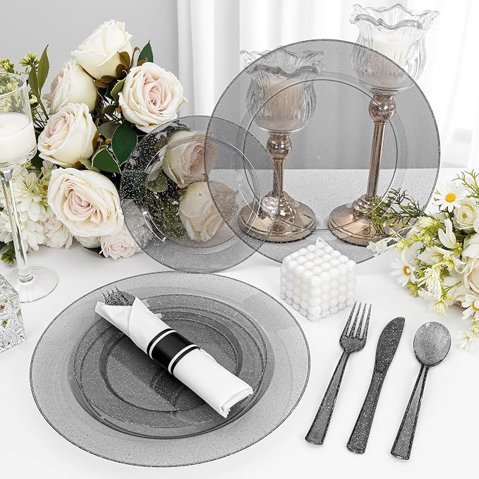 DaYammi 350 Pieces Black Glitter Dinnerware Set 50 Guest for Party- 50 Dinner Plates, 50 Dessert Plates -50 Per Rolled Napkins with Black Cutlery - 50 Disposable Cups 9 OZ