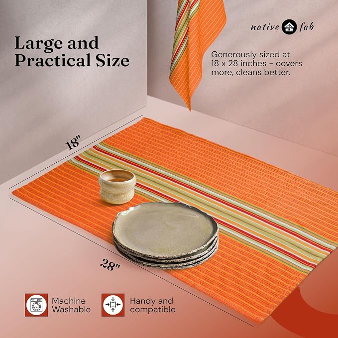 Native Fab Mexican Salsa Stripe Dish Towels, 4 Pack, 18x28, Super Absorbent, 100% Cotton Kitchen Towels for Drying, Reusable and Durable Washable Towels for Everyday Cooking and Cleaning, Orange