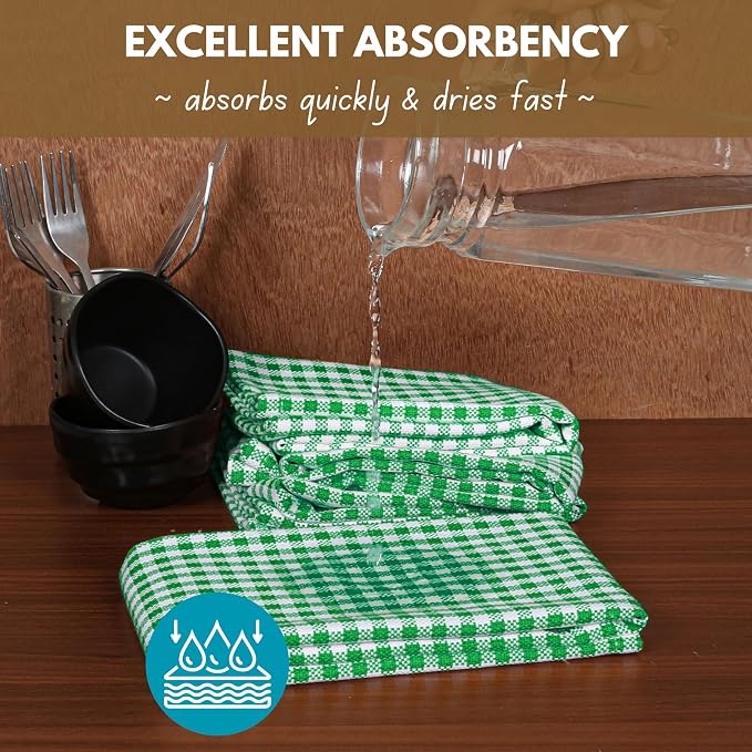 Native Fab Kitchen Dish Towels 16x26 inches Set of 4 Gingham Mini Check- 100% Cotton Dish Cloths for Washing Dishes, Absorbent Hand Towels with Hanger - Green White