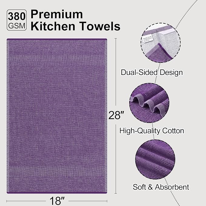 Mordimy Premium Kitchen Towels 8 Pack (18 x 28 Inches, Purple), Large Cotton Kitchen Hand Towel, Flat & Terry Dish Towels for Drying Dishes, Super Absorbent Tea Dishtowels Set with Hanging Loop
