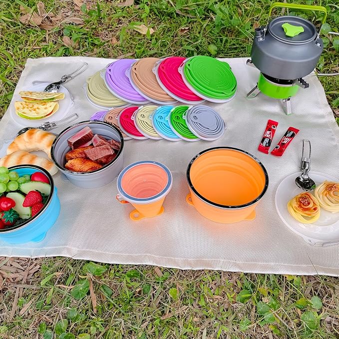 Mess Kit for Camping Silicone Collapsible Bowl Collapsible Cup and Stainless Steel Spoon for Backpacking Outdoor Hiking Traveling and Picnic - 2 Pack