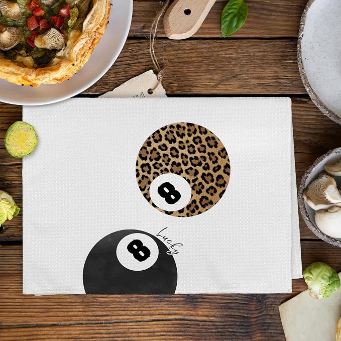 Trendy Leopard Cheetah Print Poker Lucky 8 Ball Bathroom Decor, Preppy Funky Black Decor Dish Hand Towels for Bathroom Kitchen Sets of 2, Cheetah Kitchen Towels and Dishcloths, 16x24 Inch