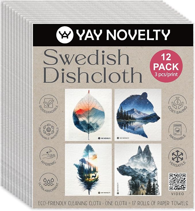 Swedish Dishcloths - 12 Pack | Made in Germany | Ultra-Absorbent, Reusable Cellulose Sponge Cloths for Kitchen | No-Odor, Eco-Friendly Cleaning Wipes | Water-Based Ink | Outdoor