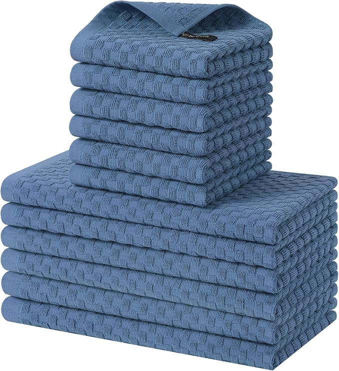 Homaxy 100% Cotton Kitchen Towels and Dishcloths Set, 12 x 12 & 15 x 25 Inches, Set of 12 Bulk Terry Cloth Dish Towels, Super Soft and Absorbent Hand Towel with Hanging Loop, Navy Blue
