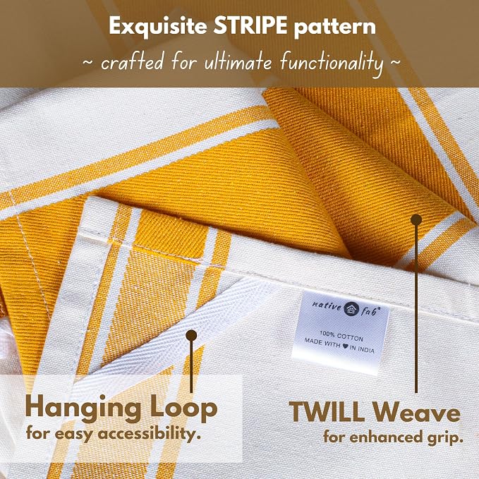 Native Fab Yellow Striped Dish Towels 18"x28", 4 Pack, Wide Stripe, Highly Absorbent, Fast Dry, 100% Cotton Hand Towels for Drying Dishes, Glassware, Dishcloth Set, Kitchen Cleaning Towel - Yellow