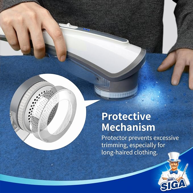 MR.SIGA Fabric Shaver and Lint Remover with 2 Speeds, Rechargeable Electric Lint Fuzz Remover with LED Lights and 2 Replaceable 6-Leaf Blades, Cream/Gray