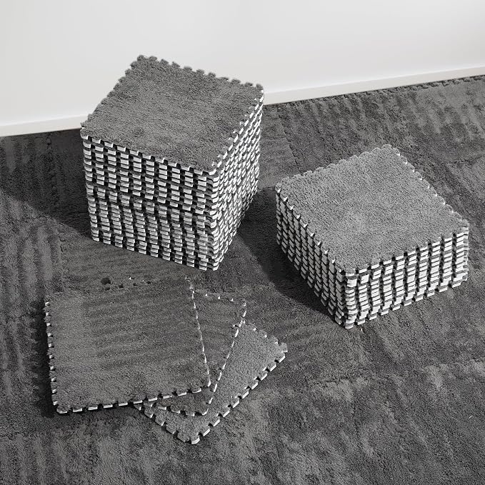 36 Pcs Plush Interlocking Carpet Tiles, Non-Toxic Shaggy Foam Carpet Tiles for Toddler Baby, Anti-Slip, EVA Foam Interlocking Tiles for Floor, Nursery, Playroom, Grey