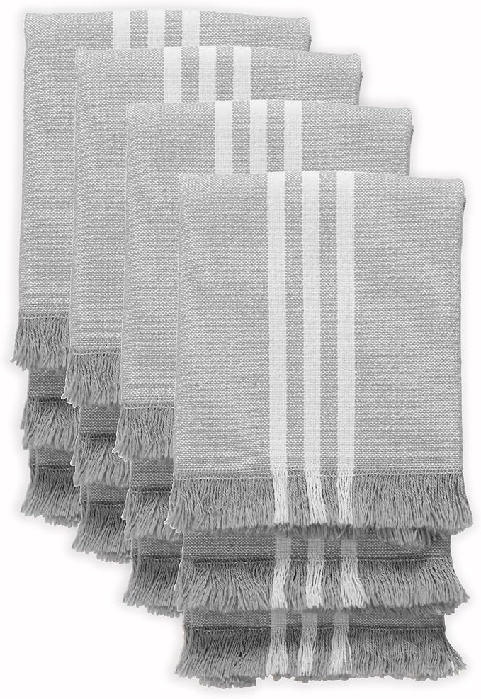 12 Pack Monochrome Stripe Kitchen Towels with Fringes, 16x26 Inch, 100% Cotton, Lint-Free, Absorbent & Washable Dish Towels for Drying Dishes, Everyday Kitchen Use, Dark Grey