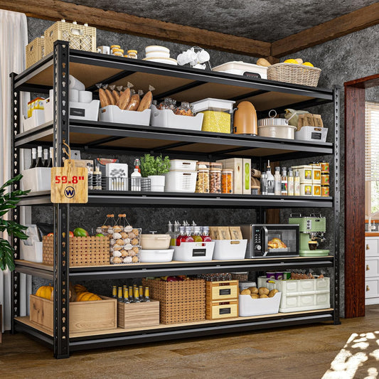 59.8"W Garage Shelving 72"H Storage Shelves 2750LBS Metal Shelving Heavy Duty Garage Shelves Adjustable 5 Tier Metal Shelf for Basement Warehouse Pantry Supermarket 59.8"W x 24"D x 72"H