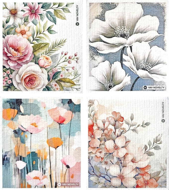 Swedish Dishcloths - 12 Pack | Made in Germany | Ultra-Absorbent, Reusable Cellulose Sponge Cloths for Kitchen | No-Odor, Eco-Friendly Cleaning Wipes | Water-Based Ink | Flower