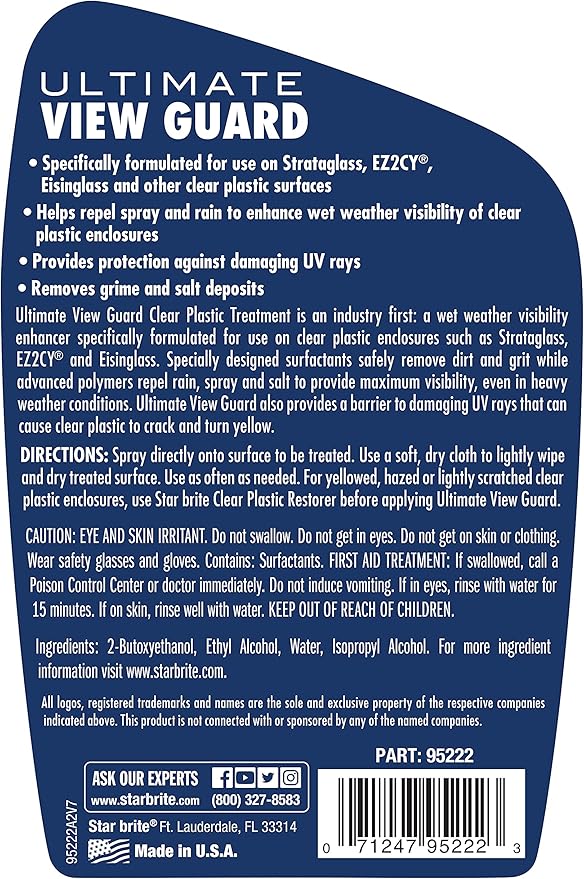 STAR BRITE View Guard Clear Plastic Treatment - Ideal for Strataglass, EZ2CY, Eisenglass - Enhances Wet Weather Visibility, Repels Water, Spray, Salt & Dirt - 22 OZ Spray (095222)