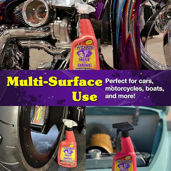 Wizards Mist-N-Shine Detail Spray and Power Clean Wheel and Tire Cleaner - ulti-Purpose High Gloss Finish Waterless Quick Detailer Spray for Glass, Chrome, Paint and Plastics - Non Caustic and No Acid