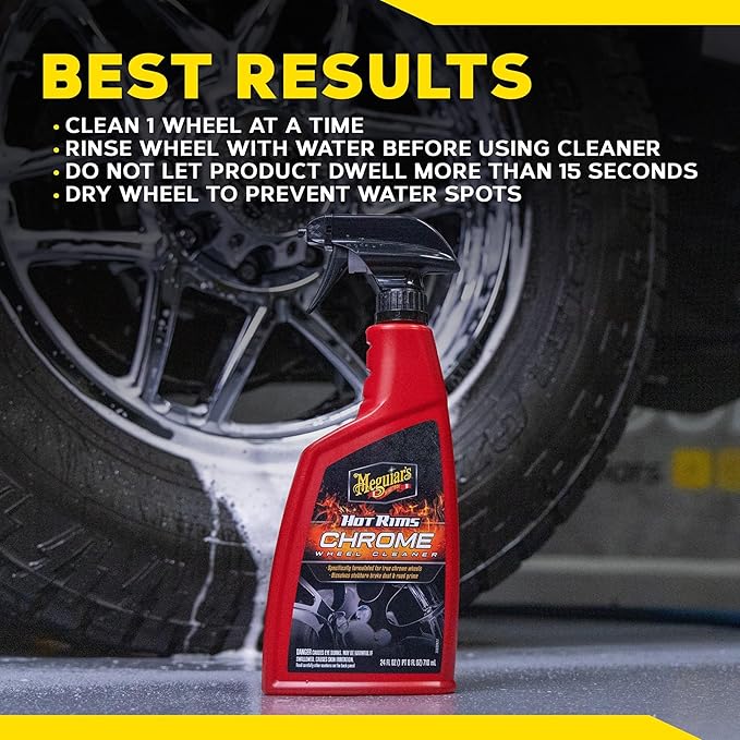 Meguiar's Hot Rims Chrome Wheel Cleaner 6 Pack, 24 oz Spray Bottles (6 x 24 oz = 144 oz Total) Xtreme Cling foaming gel removes brake dust and road grime from true chrome wheels for mirror-like shine