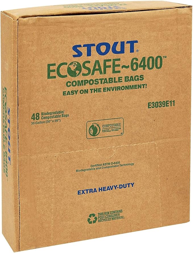 Stout by Envision Compostable Trash Bags, 30 Gallon 30" x 39", 48 Bags Per Case, ASTM6400, Green Bags, Made in America (E3039E11)