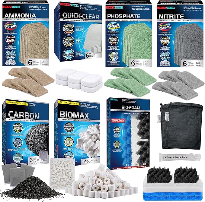 36 Pcs 406/407 Filter Media Canister Filter Maintenance & Replacement Filter Media Kit, Quick Clear, Carbon Bags (300g), Biomax (500g), Bio Foam, Phosphate-Ammonia-Nitrite Remover, Including Mesh Bags