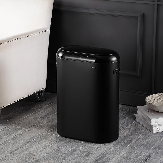 happimess HPM1016B Robo Kitchen 13.2-Gallon Slim Oval Motion Sensor Touchless Trash Can with Touch Mode, Fingerprint Resistant, Modern, Minimalistic for Kitchen, Office, Bathroom, Charcoal Black