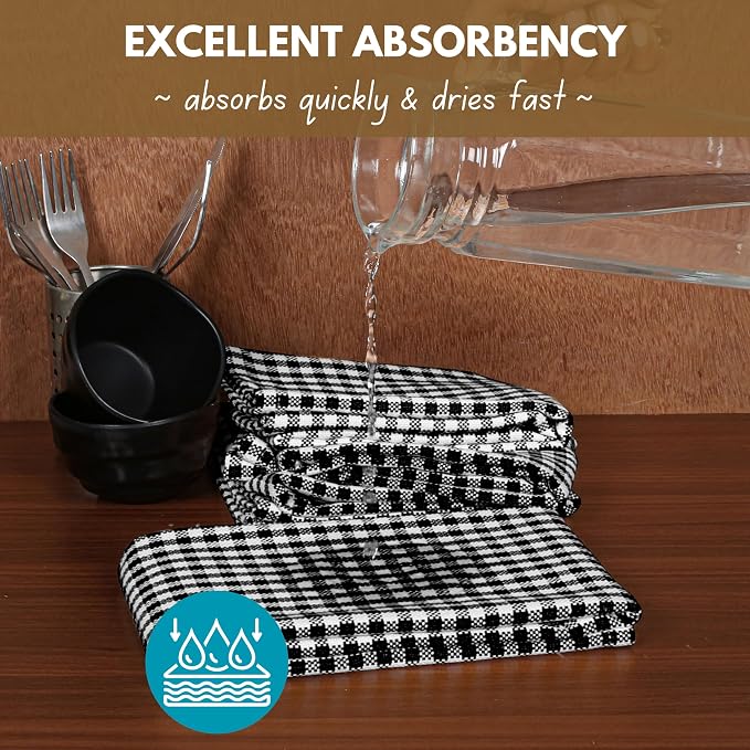 Native Fab 6 Pack Gingham Mini Check Kitchen Hand Towels Set - 100% Cotton Absorbent Reusable Dishcloths 16"x26" - Quick Drying Dish Towels with Hanging Loops for Kitchen, Black White