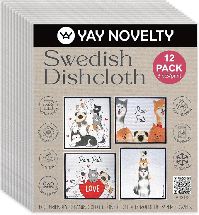 Swedish Dishcloths - 12 Pack | Made in Germany | Ultra-Absorbent, Reusable Cellulose Sponge Cloths for Kitchen | No-Odor, Eco-Friendly Cleaning Wipes | Water-Based Ink | Paw Pals