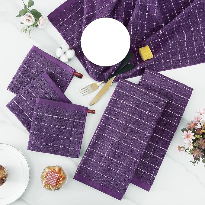 Homaxy Kitchen Towels and Dishcloths Set, 12 x 12 and 13 x 28 Inches, Set of 8 Bulk Cotton Terry Kitchen Towels Set, Checkered Designed, Soft and Super Absorbent Dish Towels, Purple