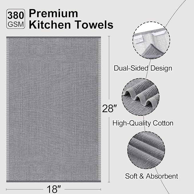 Mordimy Premium Kitchen Towels 6 Pack (18 x 28 Inches, Grey), Large Cotton Kitchen Hand Towel, Flat & Terry Dish Towels for Drying Dishes, Super Absorbent Tea Dishtowels Set with Hanging Loop
