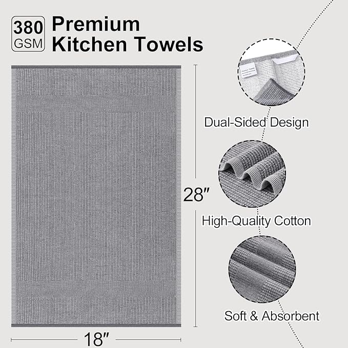 Mordimy Premium Kitchen Towels 12 Pack (18 x 28 Inches, Grey/Khaki/Black), Large Cotton Flat & Terry Kitchen Hand Towel, Super Absorbent Tea Dishtowels Set with Hanging Loop