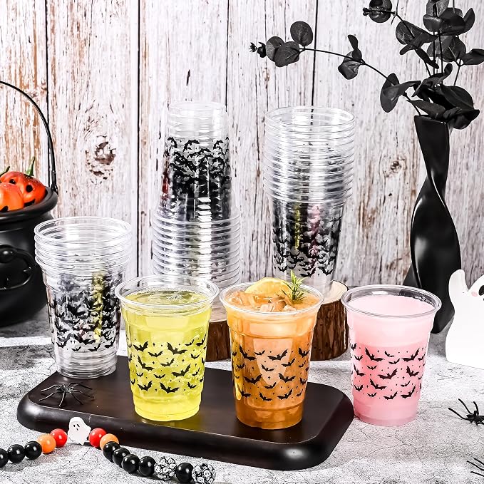 AimFun 50Pcs Summer Halloween Bats Clear Plastic Cups | Black Bats, Disposable Party Cup,12oz, Summerween Party, for Candy Beverage Snacks Birthday Baby Shower Pool Party