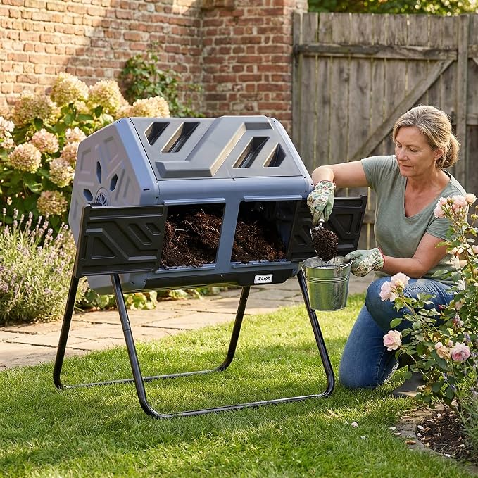Werph Updated 43 Gallon Dual-Chamber Compost Bin, Fast Assembly Rotating Outdoor Compost Tumbler, Batch Composter with Gloves for Garden, Kitchen, and Yard Waste, Purple & Black