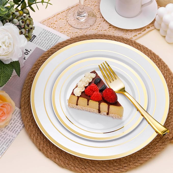 BESTSTAR 100PCS White Plastic Plates for Party, 10.25 Inch Disposable Plates with Gold Rim, Heavy Duty Dinner Plates for Party, Wedding and Birthday