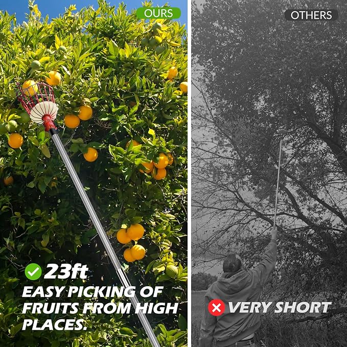 Walensee 23FT Fruit Picker with Basket, 35-276 Inch Ultra-Long Mango Picker Pole, Heavy Duty Cherry Picker Tool for High Tree, Citrus Apple Avocado Pear Lemon Orange Picking, with Storage Bag