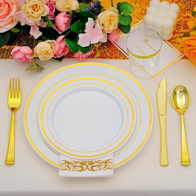 350 PCS Gold Plastic Dinnerware for 50 Guests, Gold and White Plastic Disposable Plates, 50 Dinner Plates, 50 Dessert Plates, 50 Silverware Set, 50 Cups, 50 Napkins for Party