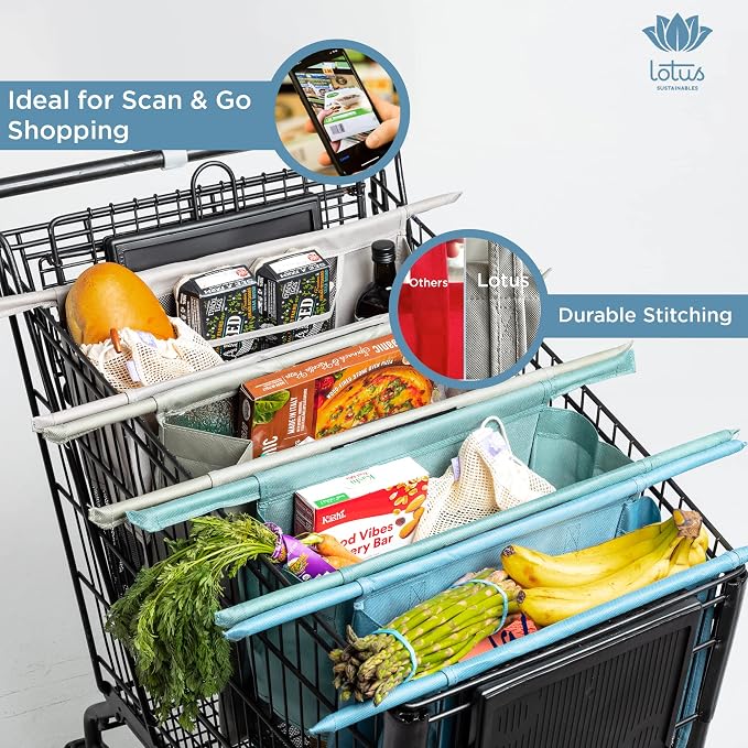 Lotus Trolley Bag Reusable Grocery Cart Bags (Earth Tones) Set of 4 and Reusable Netted Produce Mesh Bags Set of 9