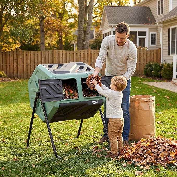 Werph Updated 43 Gallon Dual-Chamber Compost Bin, Fast Assembly Rotating Outdoor Compost Tumbler, Batch Composter with Gloves for Garden, Kitchen, and Yard Waste, Green & Black