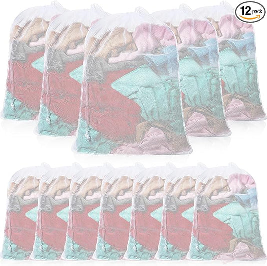 12 Pack 24 x 36 Inches Mesh Laundry Bag large Drawstring Heavy Duty Bag Bulk, Durable Machine Washable Storage for Factories, College, Dorm Hotel and Apartment Dwellers, White
