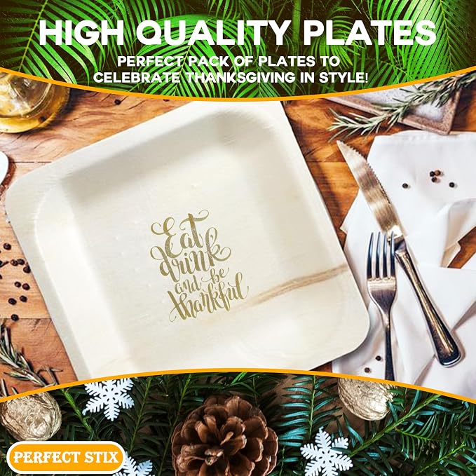 Perfect Stix - Perfectware 10-Eat,Drink,be Thankful-25 10" Disposable Wooden Plates with Thanksgiving Theme Print"Eat, Drink, and be Thankful" - Pack of 25ct