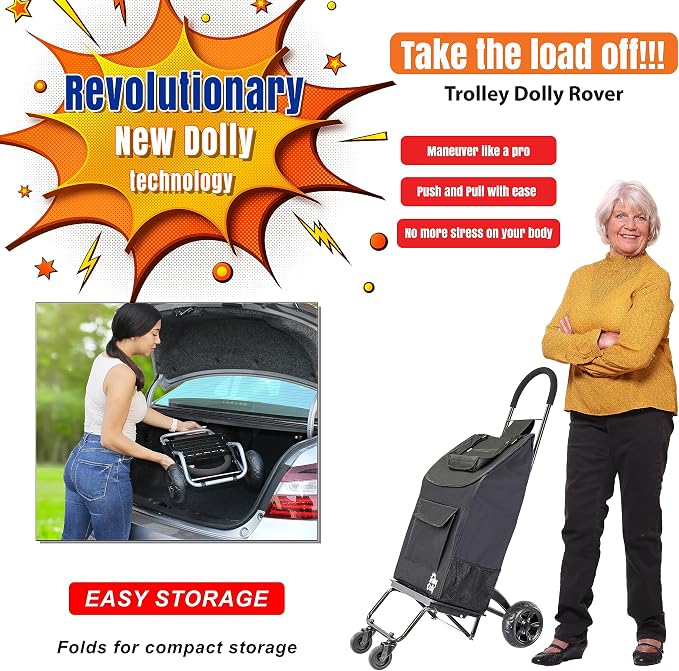 dbest Products Trolley Dolly Rover with Bag, 4 Wheeled Grocery Shopping Cart Push Folding Utility Hand Truck Swivel Wheels Garden Lightweight Luggage Carrito de Compras Plegable