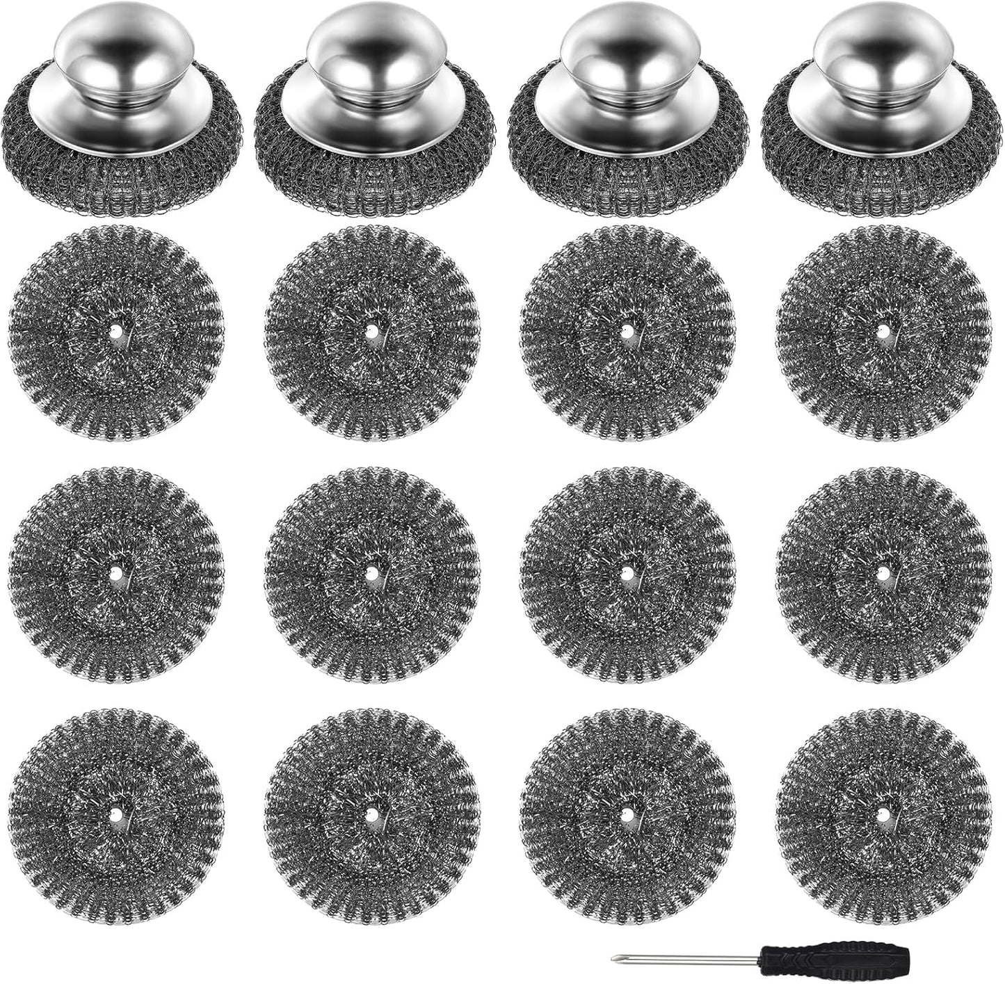 4 Pcs Steel Wool Scrubber with Handle Heavy Duty Metal Pot Scrubber Brush 16 Pcs Stainless Wool for Cleaning Dishes Pans Steel Scouring Pad for Kitchen Cast Iron Sink Griddles Grills