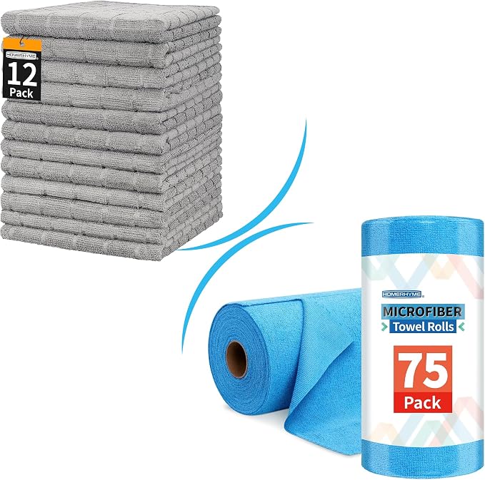12 Pack 25''*15'' Microfiber Bathroom Hand Towels, with Microfiber Towel Roll, 75 Pack Tear Away Cleaning Towels, Reusable Microfiber Cleaning Cloths.