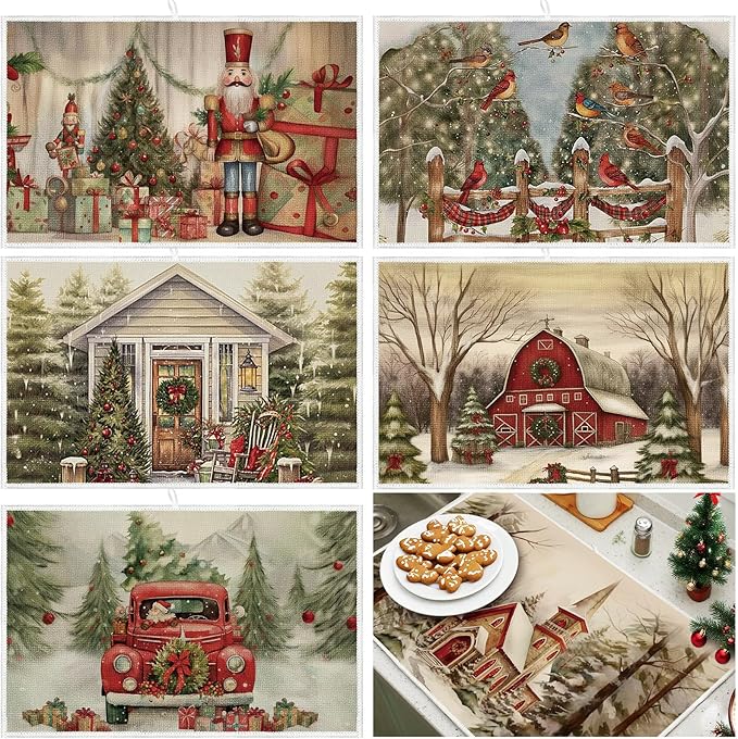 Meanplan Set of 6 Christmas Dish Drying Mats for Kitchen Counter Absorbent Vintage Kitchen Accessories Farmhouse Cottage Table Mats Washable Drainer Draining Pad for Xmas Decoration Winter 24"x 16"