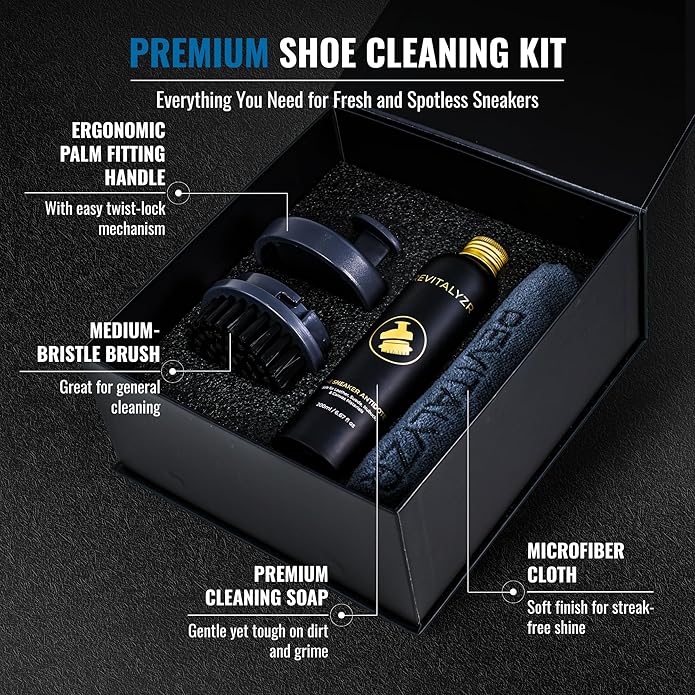 Premium Shoe Cleaning Kit – Sneaker Cleaner for Leather, Suede, Nubuck, Canvas – Includes 200ml Cleaning Solution, Ergonomic Brush, Microfiber Cloth